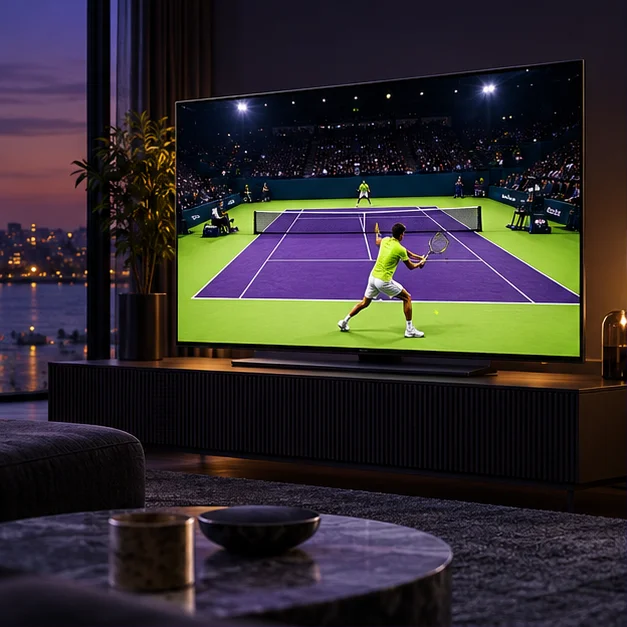 En TV med en tennissändning på skärmen